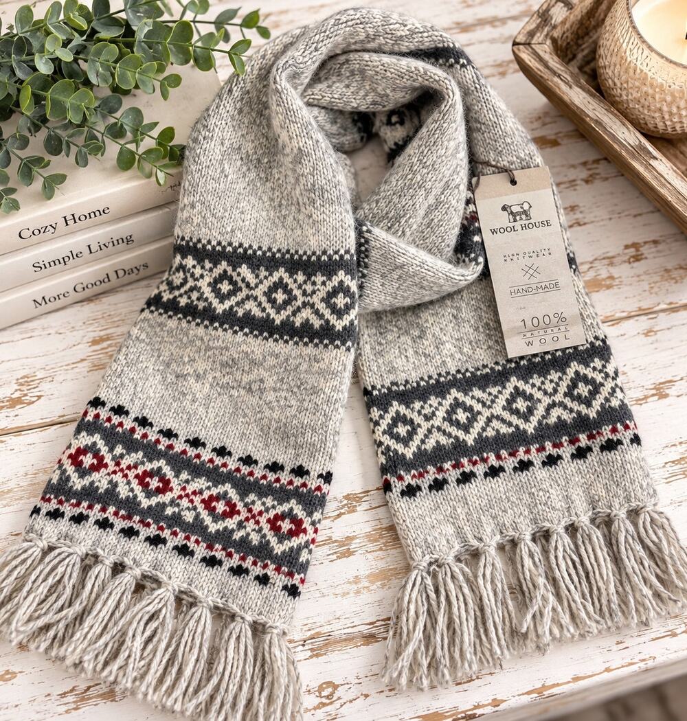 Wool House 100% Natural Wool Hand-Made Fair Isle Scarf Gray Red Black